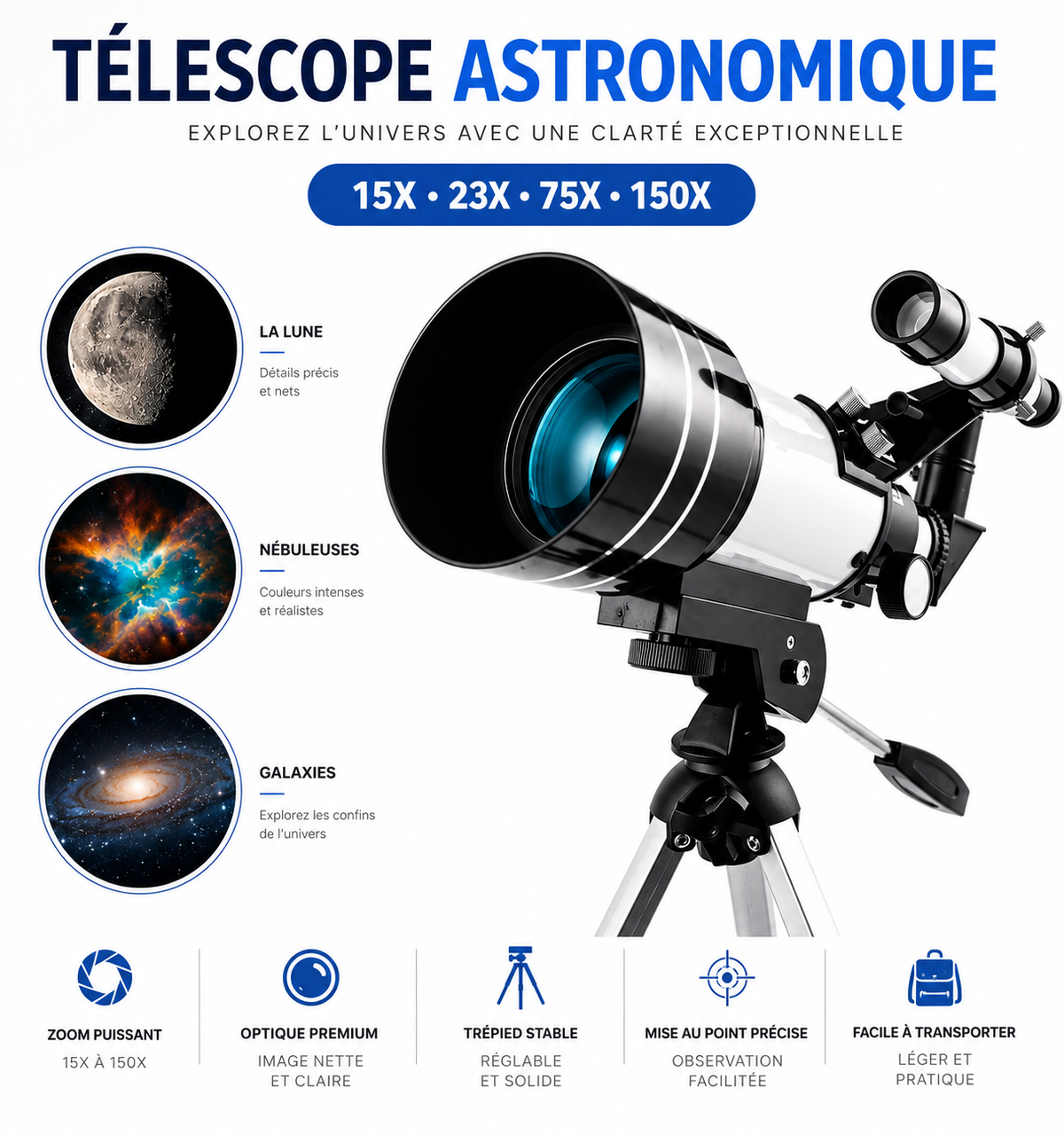 Télescope astronomique réfracteur 70 mm avec trépied réglable